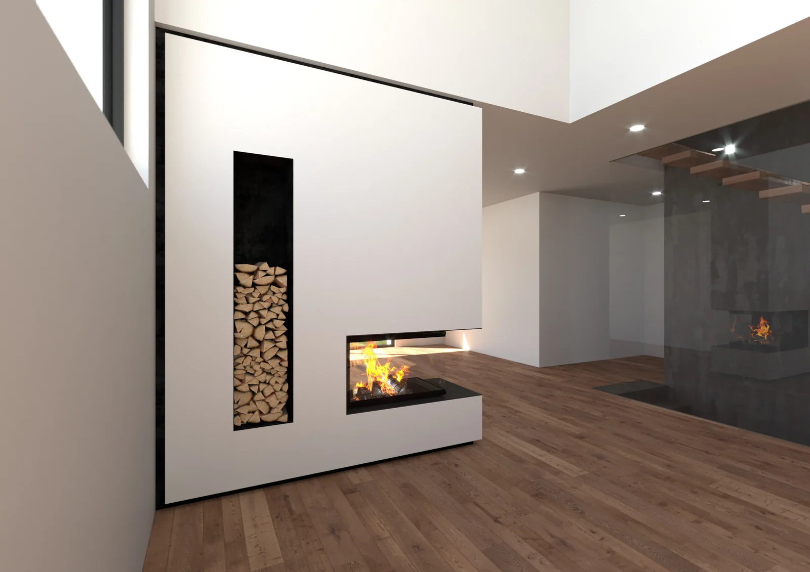 3D-Visualisierung: Raumteiler und Holzlager auf der Esszimmerseite