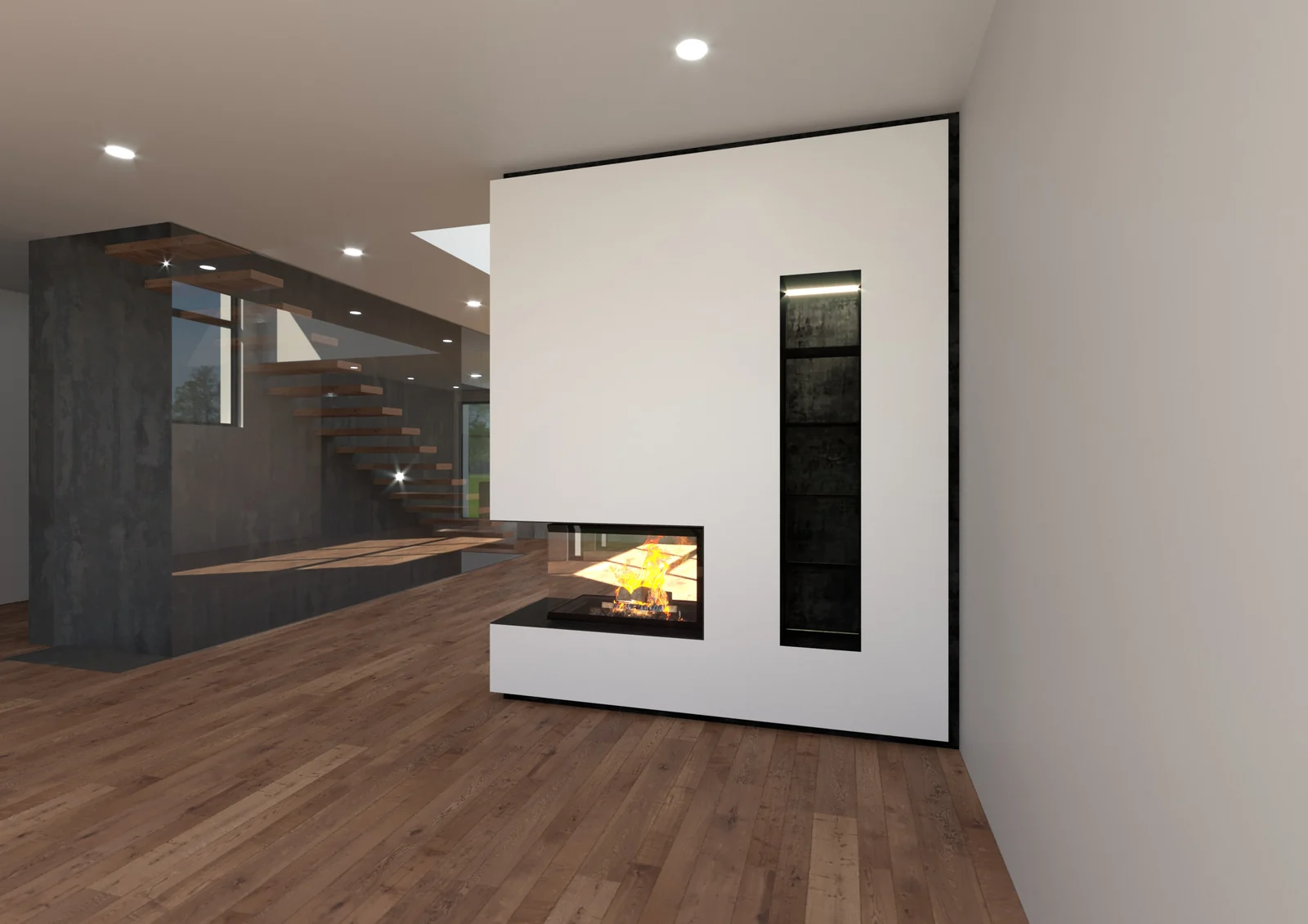 3D-Visualisierung: Wohnzimmerseite mit integrierter Regalnische