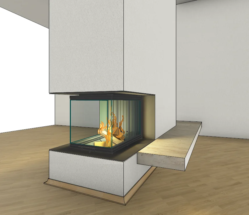 3D-Detailansicht der dreiseitigen Feuerstelle in Gerlingen
