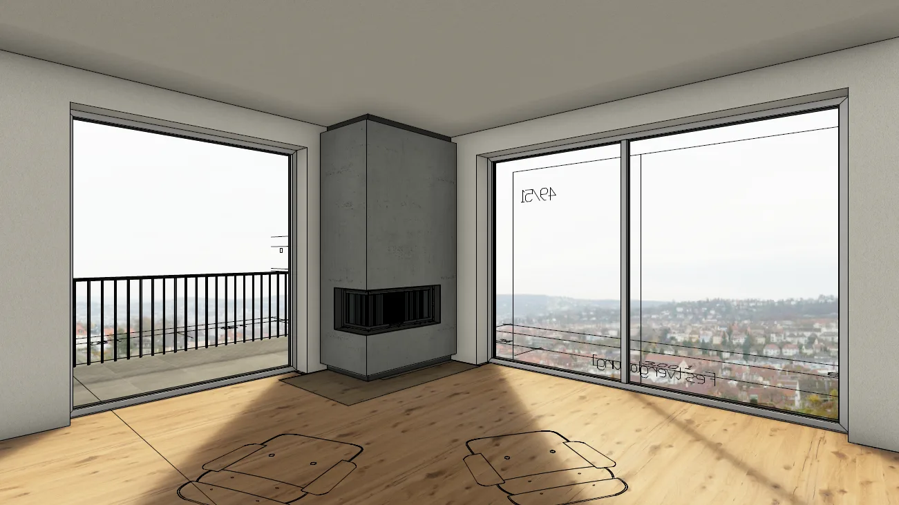 3D-Visualisierung des Eckkamins zwischen Fensterflächen in Stuttgart-Ost