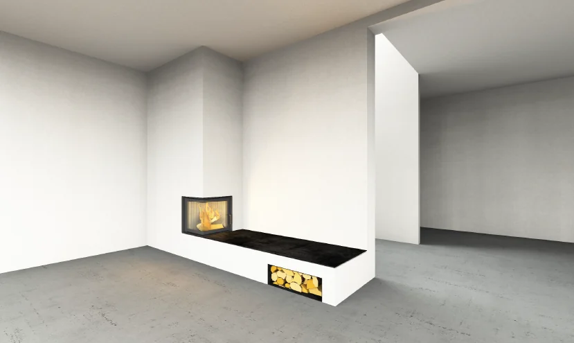 3D-Visualisierung des Eckkamins mit langer Bank in Stuttgart-Süd