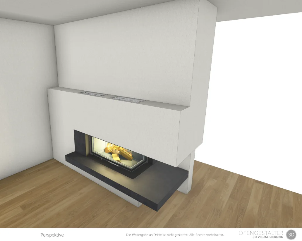 3D-Visualisierung des Eckkamins mit auskragendem Naturstein-Feuertisch