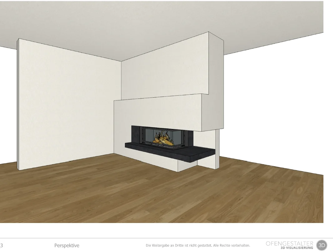 3D-Visualisierung des Eckkamins im Wohnraum in Tübingen