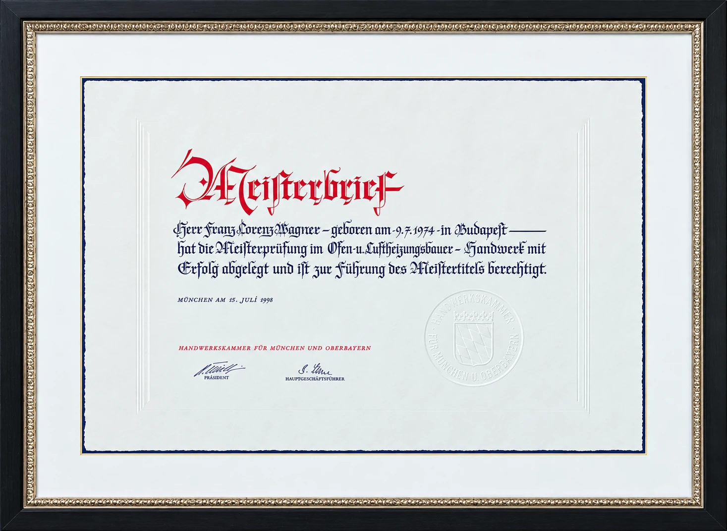 Meisterbrief von Franz-Lorenz Wagner aus dem Jahr 1998